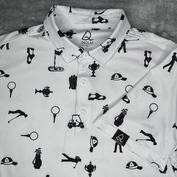Deolax Polo Shirt Mens Large All Over Print Golf Performance Stretch Golfer - Picture 1 of 13